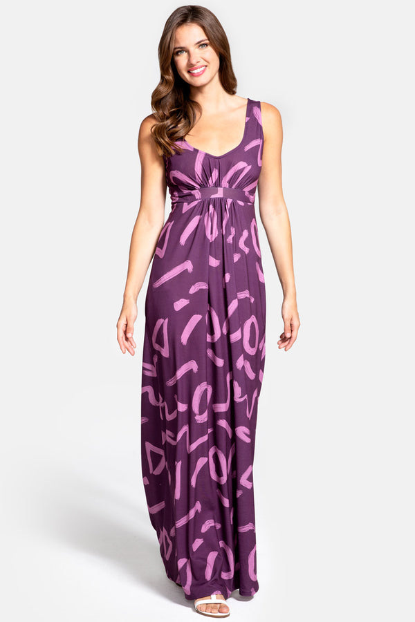 hot squash Empire Line Maxi Dress Brush Strokes Damson / Lilac