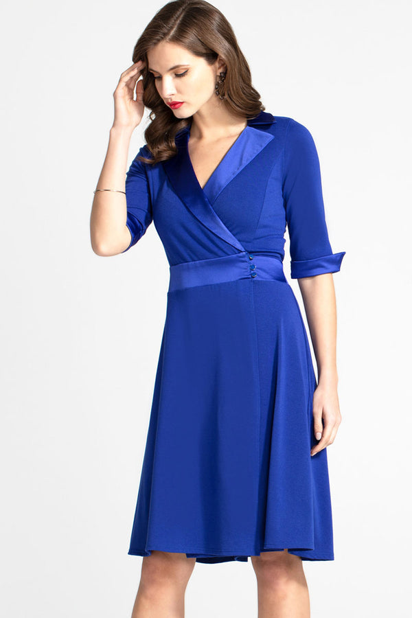 hot squash Fit & Flare Wrap Dress with Silky Trim Royal blue