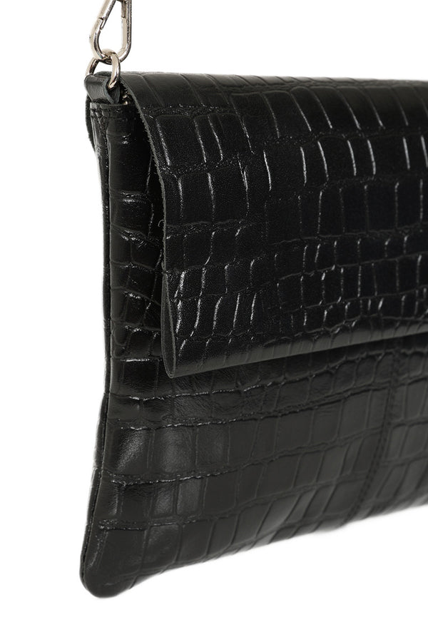 Hot Squash Fold-Over Leather Clutch Bag Black Crocodile