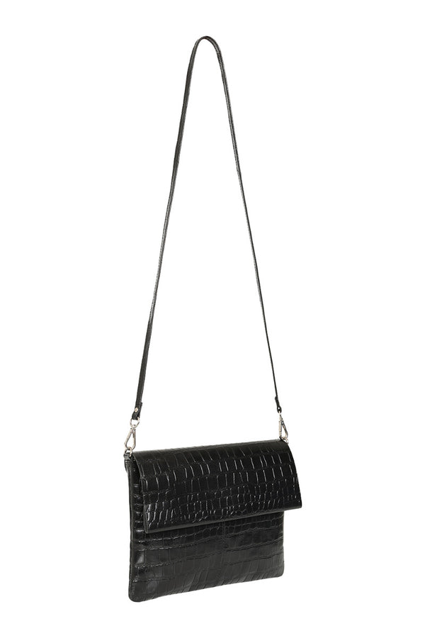 hot squash Fold-Over Leather Clutch Bag Black Crocodile