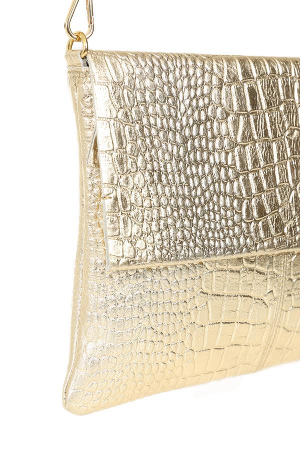 Hot Squash Fold-Over Leather Clutch Bag Gold Crocodile