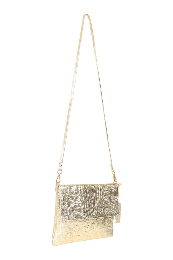 hot squash Fold-Over Leather Clutch Bag Gold Crocodile