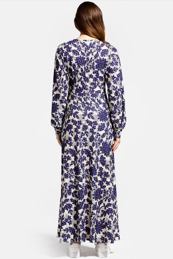 Hot Squash Gemma Dress With Long Sleeves Blue Geo Blossoms