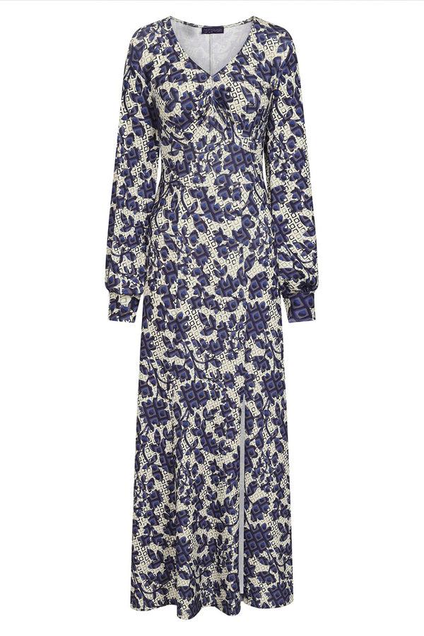 Hot Squash Gemma Dress With Long Sleeves Blue Geo Blossoms