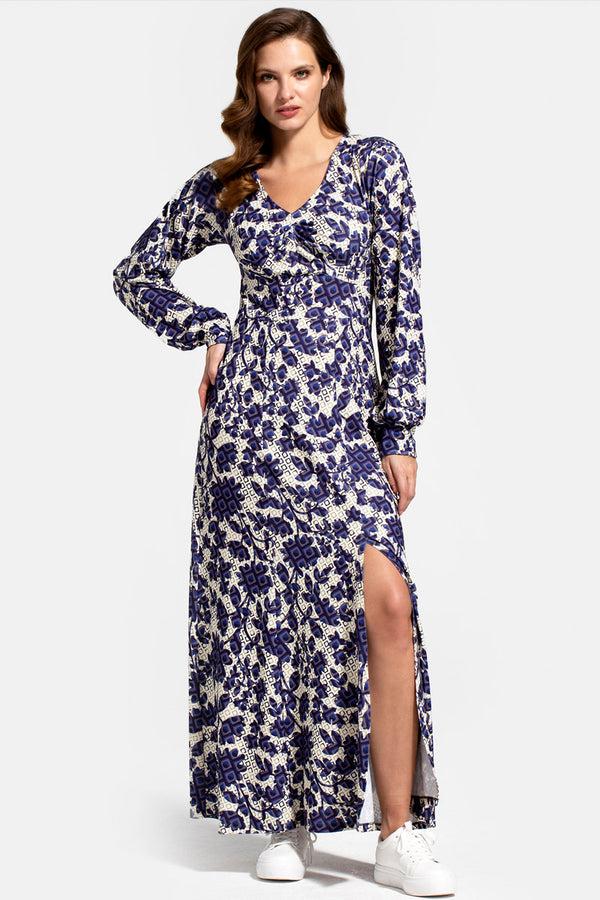 hot squash Gemma Dress with Long Sleeves Blue Geo Blossoms
