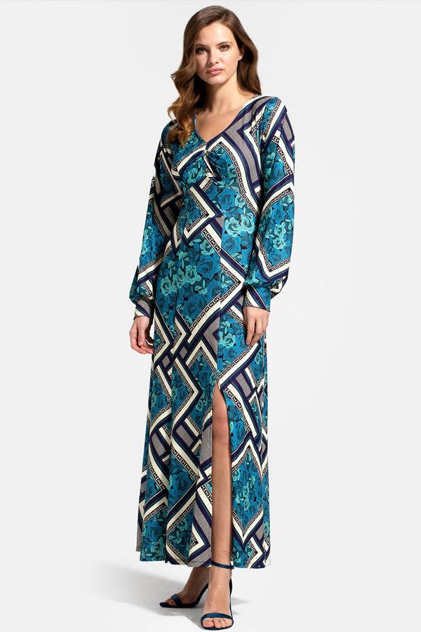 Hot Squash Gemma Dress With Long Sleeves Teal Retro Tile