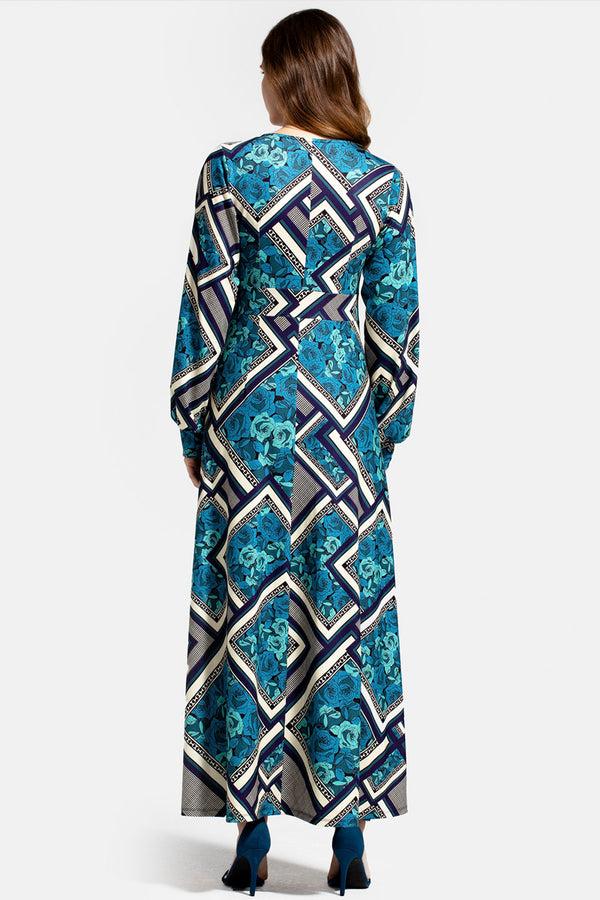 Hot Squash Gemma Dress With Long Sleeves Teal Retro Tile