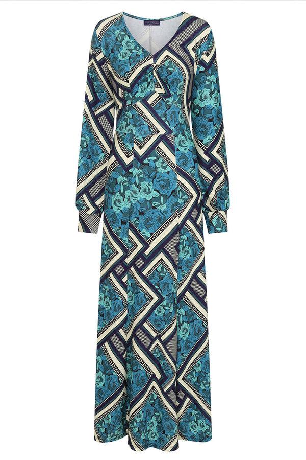 Hot Squash Gemma Dress With Long Sleeves Teal Retro Tile