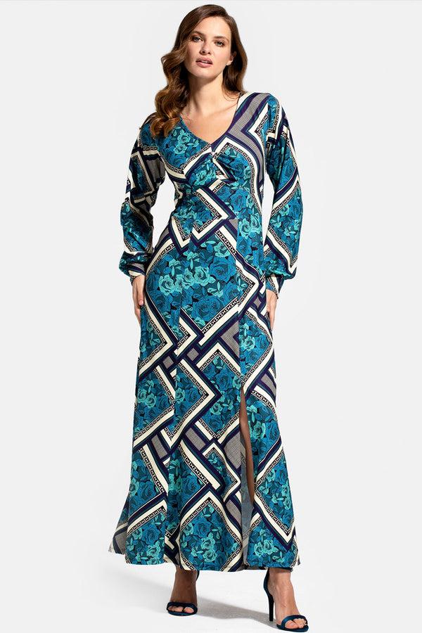 hot squash Gemma Dress with Long Sleeves Teal Retro Tile