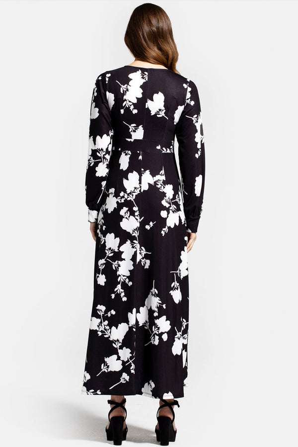 Hot Squash Gemma Dress With Long Sleeves White Flower On Black