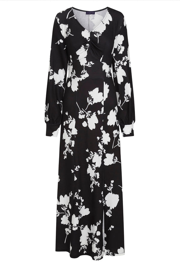 Hot Squash Gemma Dress With Long Sleeves White Flower On Black