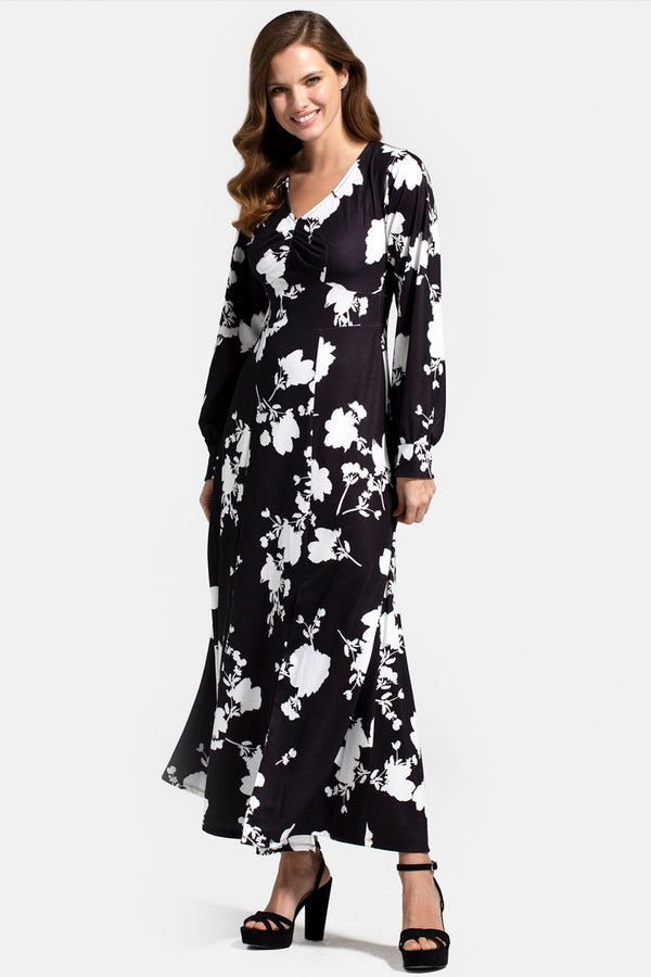 hot squash Gemma Dress with Long Sleeves White Flower on Black