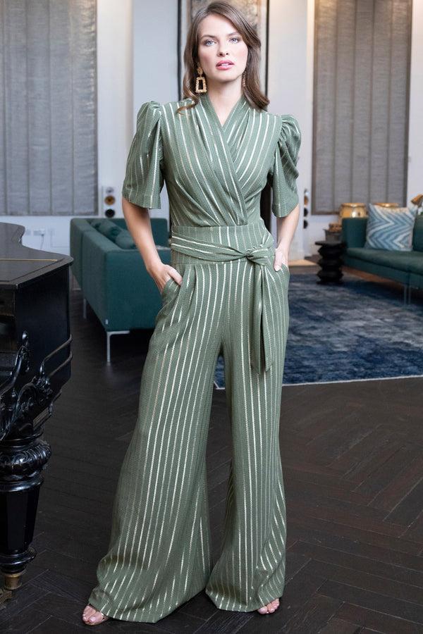 Hot Squash Gold Stripe Wide Leg Jumpsuit Khaki/Gold