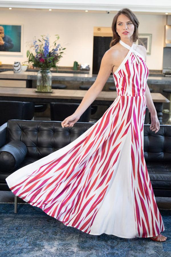 Hot Squash Halter Neck Maxi Dress With Contrast Panels Red On White Mystic Flames