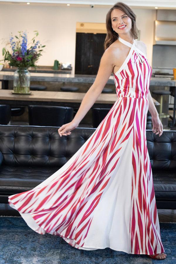 hot squash Halter Neck Maxi Dress with Contrast Panels Red on White Mystic Flames