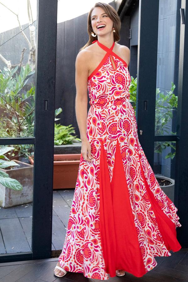 Hot Squash Halter Neck Maxi Dress With Contrast Panels Red / White Paisley Swirl