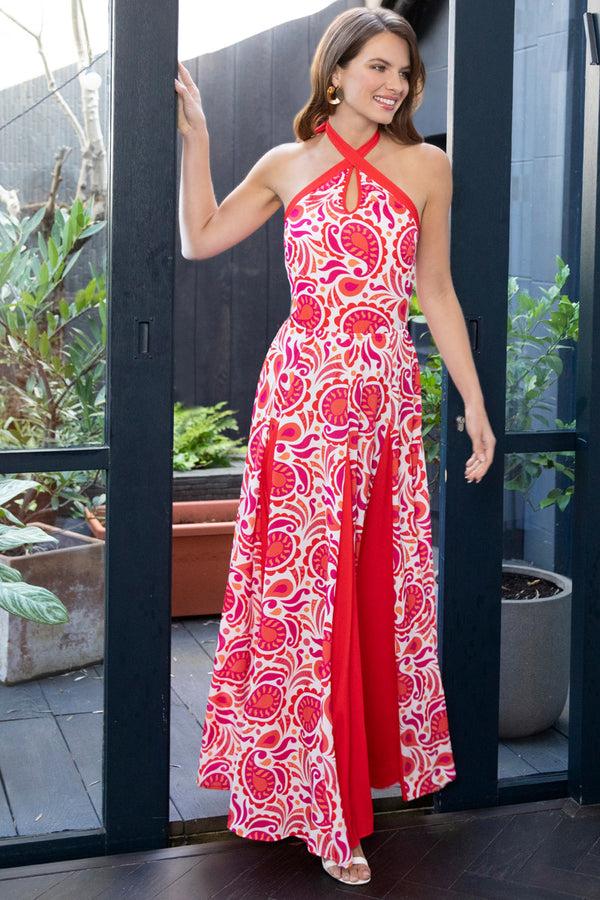 Hot Squash Halter Neck Maxi Dress With Contrast Panels Red / White Paisley Swirl
