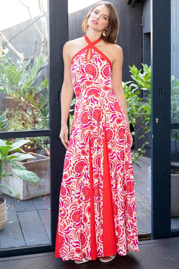 Hot Squash Halter Neck Maxi Dress With Contrast Panels Red / White Paisley Swirl