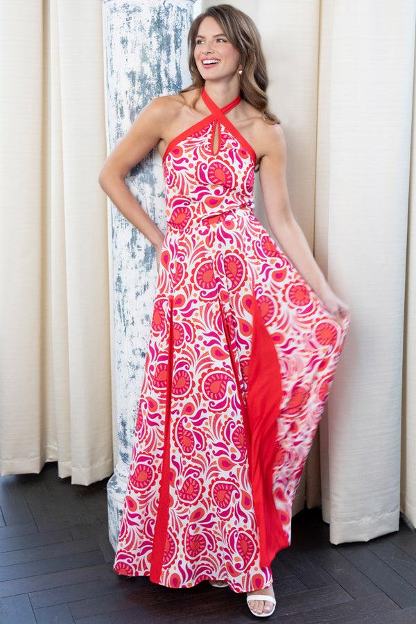 hot squash Halter Neck Maxi Dress with Contrast Panels Red / White Paisley Swirl