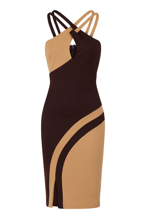 Hot Squash Halterneck Colour Contrast Dress Chocolate And Stone