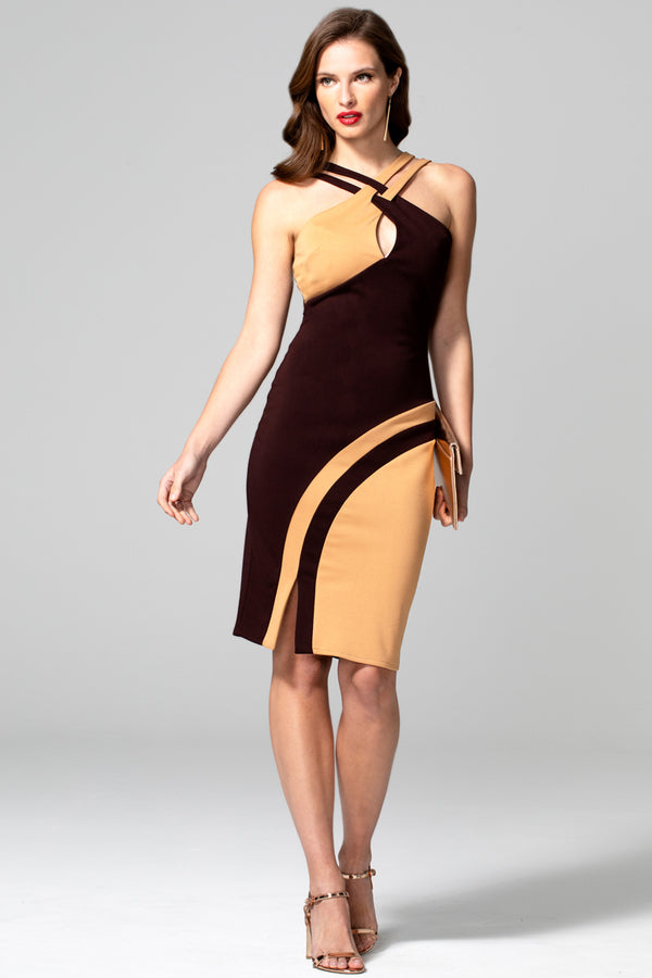 hot squash Halterneck Colour Contrast Dress Chocolate and Stone