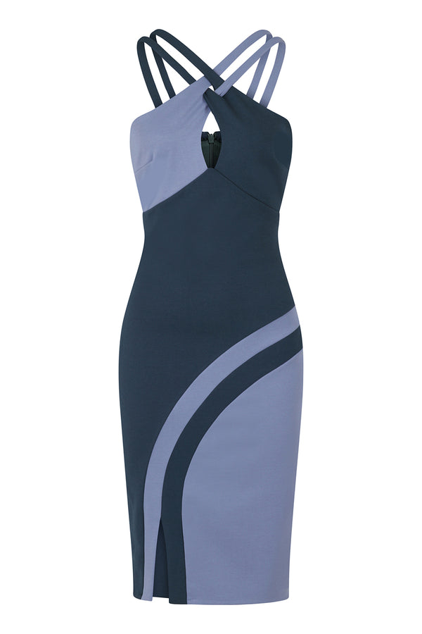 Hot Squash Halterneck Colour Contrast Dress Teal And Woodblue
