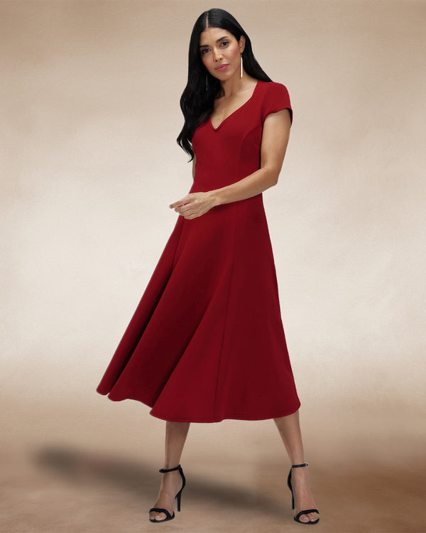 Hot Squash A Line Midi Dress With Cap Sleeves Wine