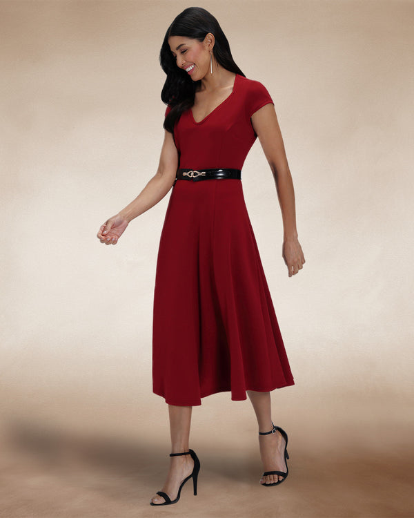 hot squash A Line Midi Dress with Cap Sleeves Wine