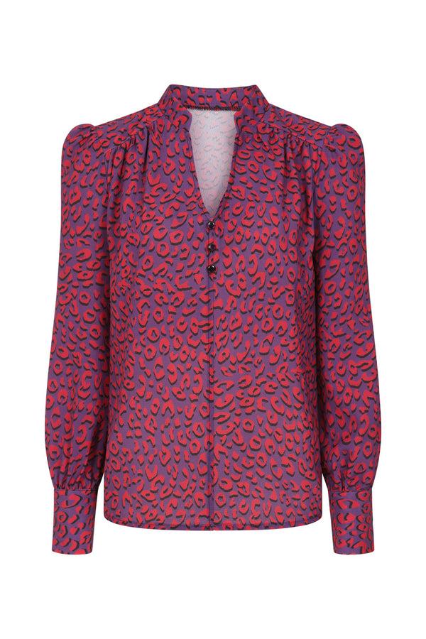 Hot Squash Balloon-Sleeved Top Purple Leopard