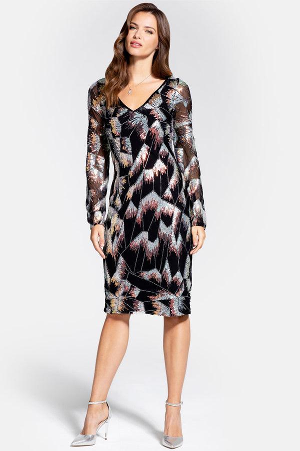 Hot Squash Blouson Sleeve V Neck Sequin Dress