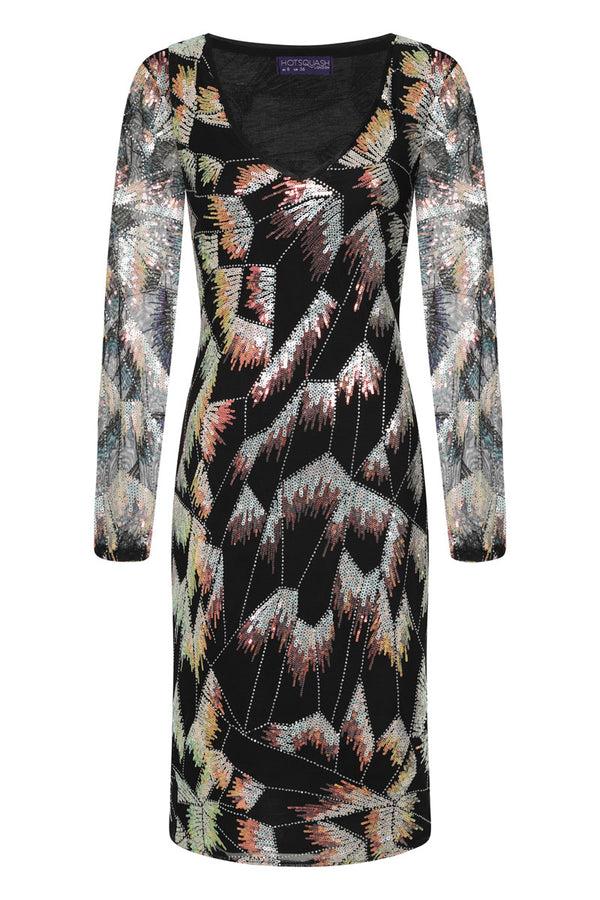 Hot Squash Blouson Sleeve V Neck Sequin Dress