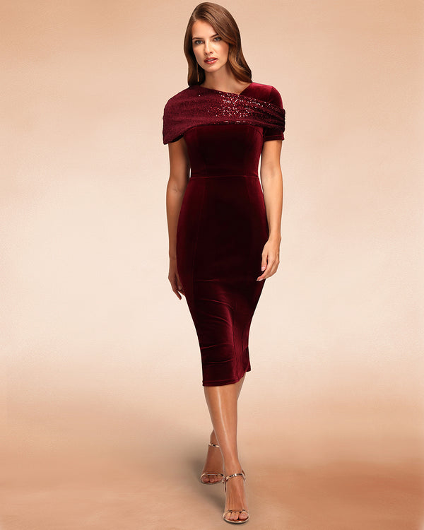 Hot Squash Cape Bodycon Sequin Velvet Dress Wine