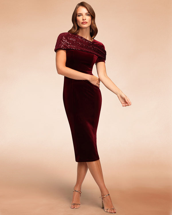hot squash Cape Bodycon Sequin Velvet Dress Wine