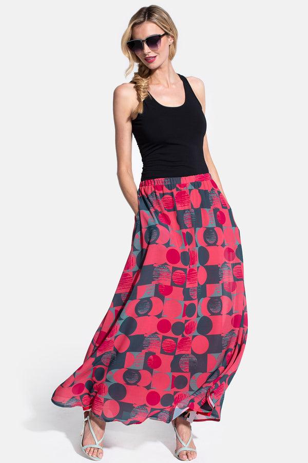 hot squash Chiffon Maxi Skirt Coral Geo Print