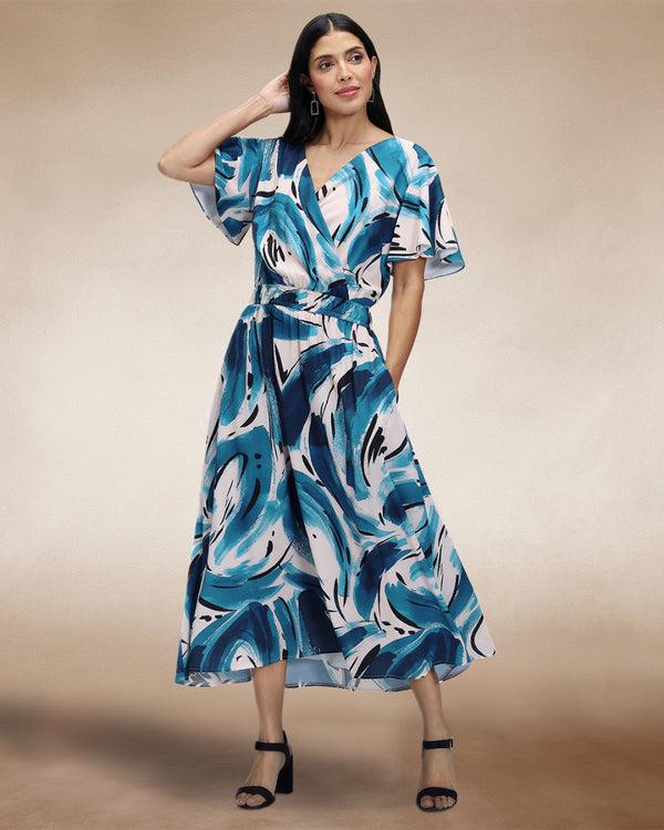 hot squash Chiffon Midi Dress Blue / Cream Swish