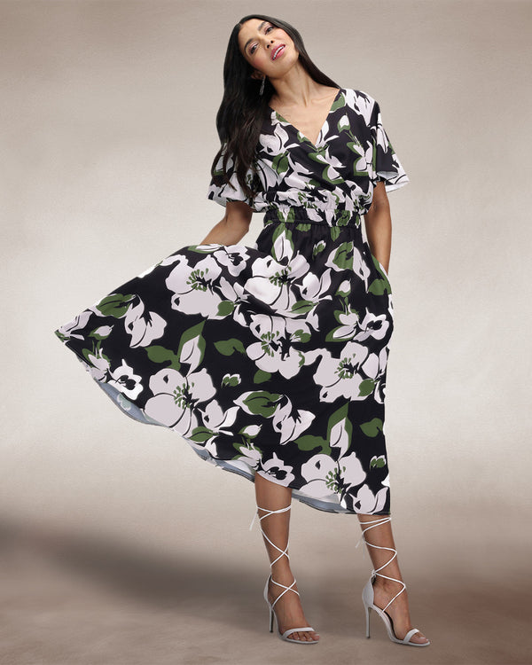 Hot Squash Chiffon Midi Dress Green / White Floral