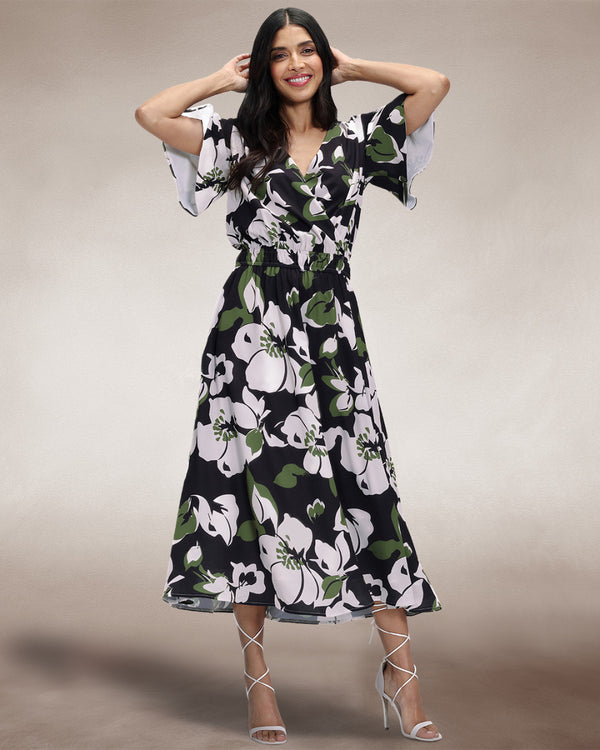 Hot Squash Chiffon Midi Dress Green / White Floral