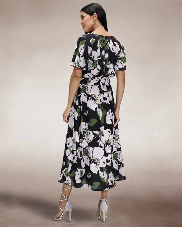 Hot Squash Chiffon Midi Dress Green / White Floral