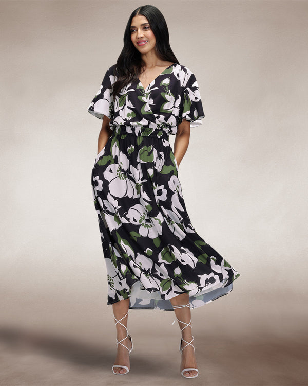 hot squash Chiffon Midi Dress Green / White Floral