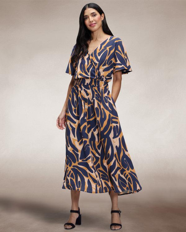 Hot Squash Chiffon Midi Dress Navy / Yellow Camo