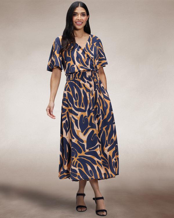 hot squash Chiffon Midi Dress Navy / Yellow Camo
