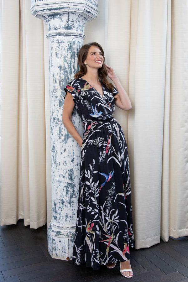 Hot Squash Chiffon Mock-Wrap Maxi Dress Bird Print