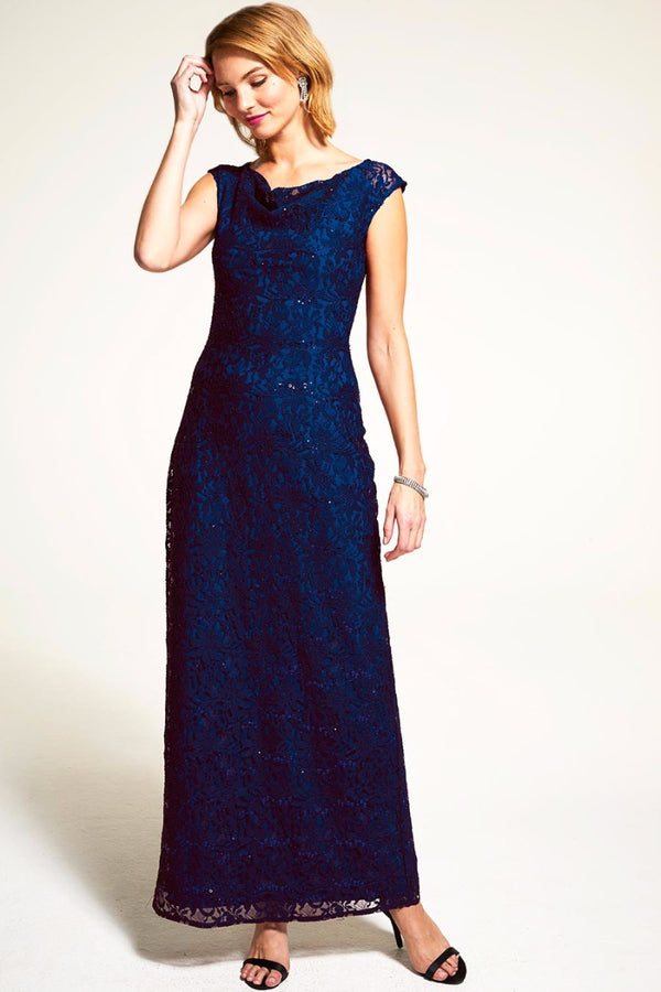hot squash Cowl Neck Lace Maxi Dress AW16 Navy
