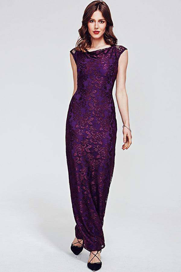 hot squash Cowl Neck Lace Maxi Dress AW16 Purple