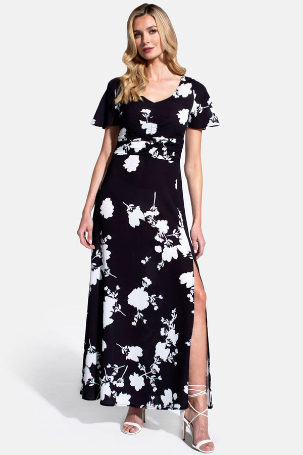 hot squash Crepe Maxi Dress White Flower on Black