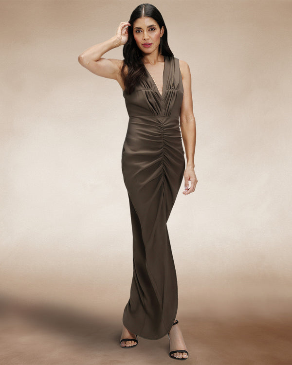Hot Squash Deep V-Neck Ruched Dress Khaki