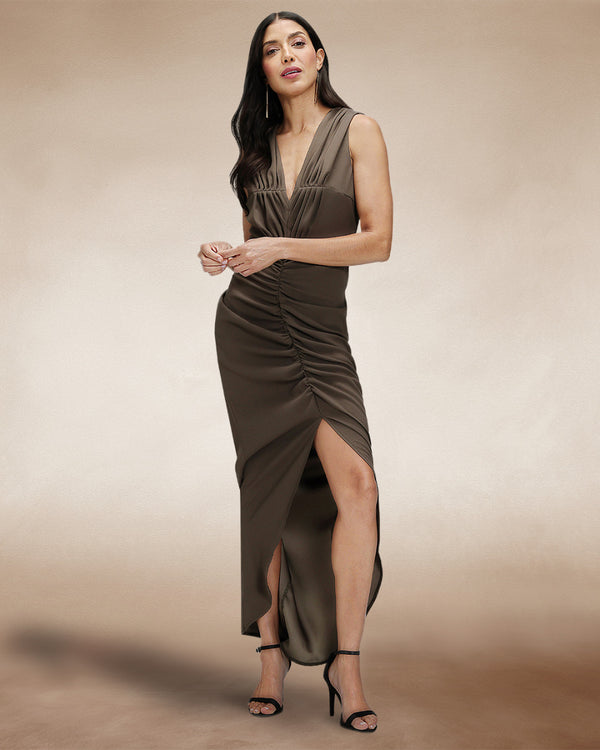 Hot Squash Deep V-Neck Ruched Dress Khaki