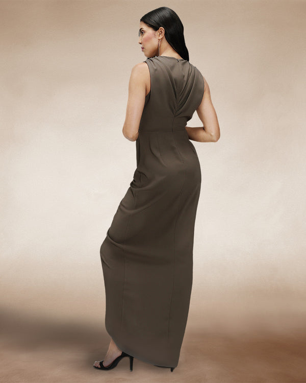 Hot Squash Deep V-Neck Ruched Dress Khaki