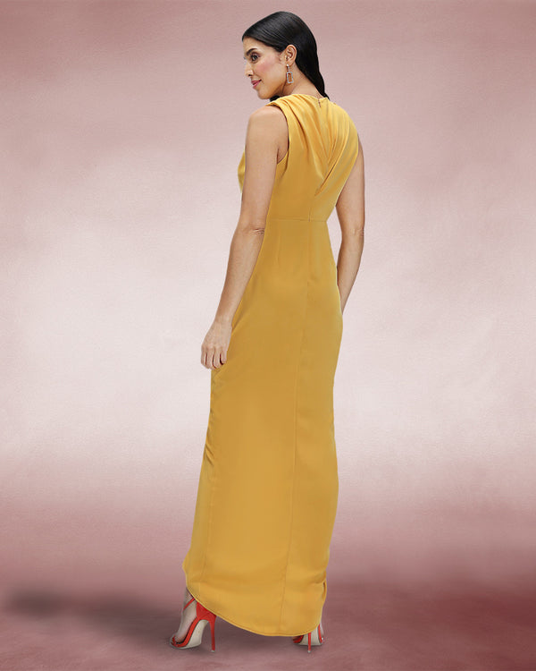 Hot Squash Deep V-Neck Ruched Dress Yellow