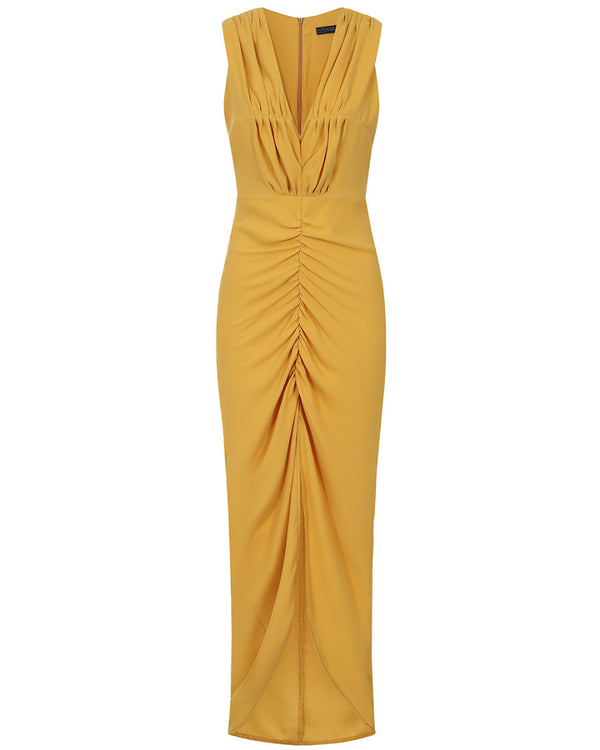 Hot Squash Deep V-Neck Ruched Dress Yellow